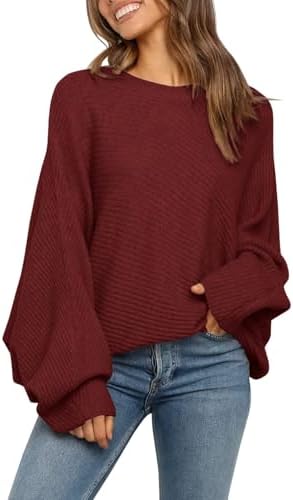 Fessceruna Damen Pullover Oversize Fledermausärmel Strickpullover | Winter,Rundhals,Pulli Geripptes,Sweatshirt,Einfarbig,Obertiele,longpullover,Sweater