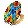 Elongated Toilet Seat Wooden colored stained glass window Church Abstract stained glass Wood Toilet Seat Slow Quiet Close Lid with Quick-Release Hinges Cover Bumpers Easy to Clean Install