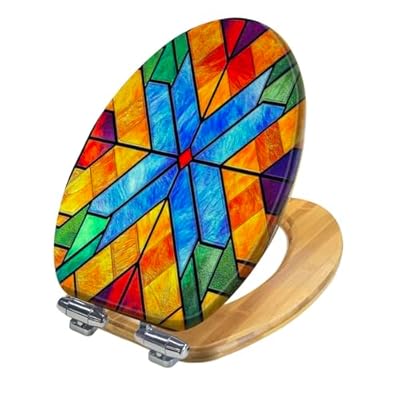 Elongated Toilet Seat Wooden colored stained glass window Church Abstract stained glass Wood Toilet Seat Slow Quiet Close Lid with Quick-Release Hinges Cover Bumpers Easy to Clean Install