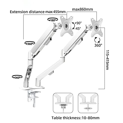 Image of White Dual Monitor Arm Desk Mount, Slim Gas Spring Double Monitor Stand for 2 Screens 17-30 Inch, Full Motion Adjustable VESA Mount Bracket with C-Clamp /Grommet Base, Fits Max 19.8lbs Per Arm