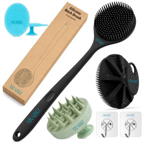 Image of 5 Pcs Silicone Bath Brush Combo with Long Handle Back Scrubber, Body Scrubber, Scalp Massager, Face Scrubber & 2 Adhesive Hooks, BPA Free Exfoliating Shower Brush Set for Men & Women