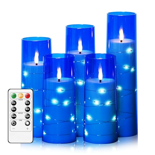 Image of kakoya Flameless LED Candles with Timer 5 Pc Flickering Flameless Candles for Romantic Ambiance and Home Decoration Stable Acrylic Shell,with Embedded Star String,Battery Operated Candles(Blue)