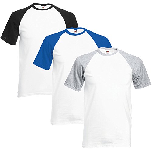 Fruit of the Loom Hombre Pack of 3 Camiseta del béisbol XX-Large Blanco/Negro, Blanco/Azul Real, Blanco/Gris Brezo