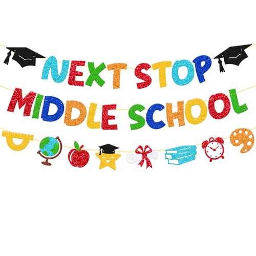 Next Stop Middle School Banner 5th Grade Graduation Party Decorations for Student Teacher Celebrating 2026 Elementary School Graduation Classroom Bulletin Board Backdrop Party Supplies