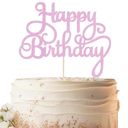 EONNCNT Happy Birthday Cake Topper - Pink Glitter Birthday Party Cake Decoration Supplies, Photo Booth Props