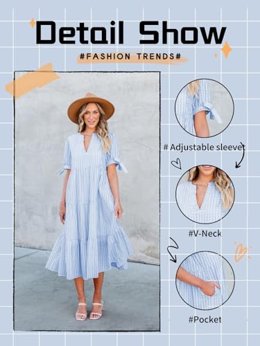 Image of Theenkoln Womens Casual Midi Dress: Short Sleeve V-Neck Empire Waist Gingham Spring Fashion Long Trendy Tiered Formal Dresses