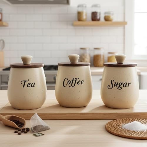 Image of Ceramic Tea Coffee Sugar Containers Set of 3 with Wooden Lids | Jar & Container for Kitchen Storage Set | Multi Utility Air Tight Kitchen Organizer Items (Hand-Painted, 410 ML)