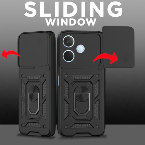 Image of Pikkme Back Cover for Oppo A5 Pro 5G | 360 Protection Case | Sliding Camera Shield Cover & Ring Holder Stand D10 Tough Armor Bumper Case (Black)