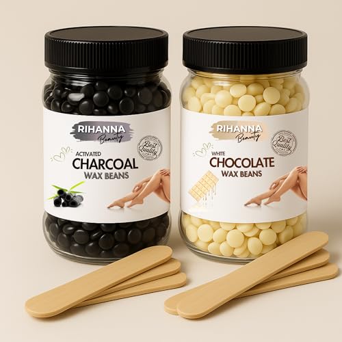 RIHANNA BEAUTY Hard Wax Beans Combo – Activated Charcoal & White Chocolate – 150g x 2 (300g) – Detox Brazilian Wax for Smooth Painless Hair Removal – Face, Bikini, Legs & Underarms