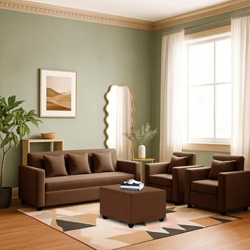 Image of 3+1+1 Seater Sofa Set with Ottoman -Modern Velvet Fabric Sofa Set for Living Room, Deep Seating Comfort with Cushions (Brown Color)