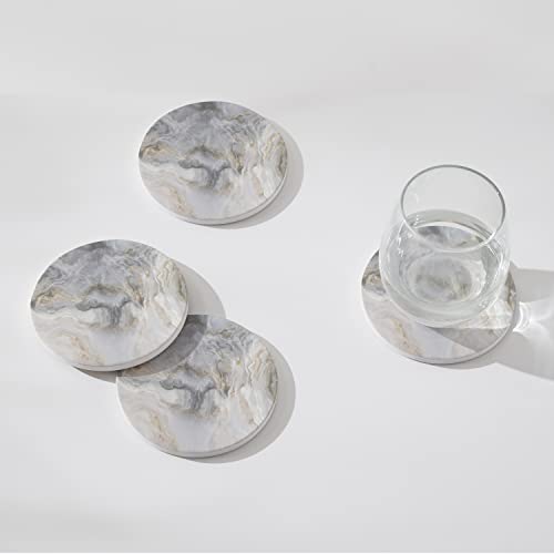 Image of Set of 6 Abstract Gray White Marble Coasters with Holder, Absorbent Ceramic Coasters for Drinks, Coasters with Cork Backing for Table Protection, Housewarming Gifts for New Home
