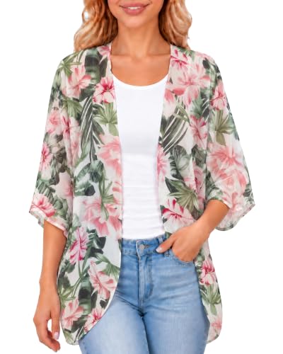 Chunoy Women Floral Kimono Cardigan Lightweight Chiffon Beach Cover Up
