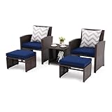 OC Orange-Casual 5 Pcs Patio Conversation Set Balcony Furniture Set with Cushions, Brown Wicker Chair with Ottoman, Storage Table for Backyard, Garden, Porch, Blue
