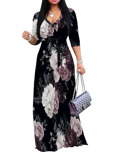 Image of PinkPatty Women's Plus Size Maxi Dresses Casual Flowy 3 /4 Sleeves Dress Printed Vacation Dress for Daily Wear with Belt