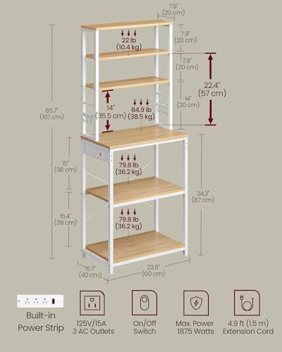 Image of VASAGLE Bakers Rack with Power Outlet, 23.6 Inches Coffee Bar for Kitchen with Storage, 6-Tier Kitchen Shelves with 6 Hooks, Microwave Stand, Industrial, Golden Oak and Cloud White UKKS124Y03