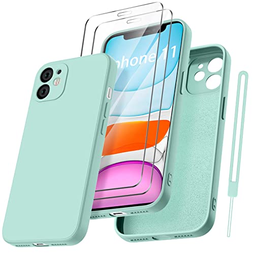 Qasyfanc Funda Compatible con iPhone 11, 2 Pack Cristal Templado y Protección de Cámara, Ultrafina Microfibra Suave TPU Silicona Anti-arañazos Carcas para iPhone 11 6.1' - Verde Menta
