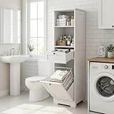 Casaphoria 55 Inch Tall Laundry Sorter Cabinet, Narrow Bathroom Storage Cabinet with Tilt-Out Hamper and Drawer, Freestanding Space-Saving Organizer for Laundry Room, White