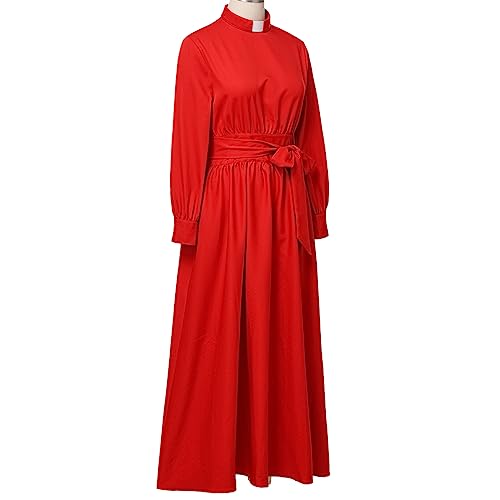 Image of CAMDOM Church Clergy Dress for Women Long Sleeve A Line Elegant Maxi Dress with Tab Insert Stand Collar and BeltA
