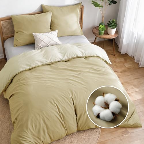 Dreamzie Funda nordica Cama 150/160 Algodon - Funda edredon 220x240 con Cierre + 2 Fundas Almohada 65x65 - Juego de Cama Liso y Reversible - Beige