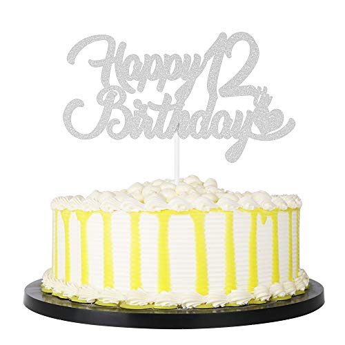 PALASASA Silver Single Sided Glitter Happy 12th Birthday, 12 Anniversary Cake Topper Party