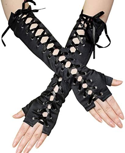 Seeksmile Women's Lace Up Elbow Length Steampunk Gloves Sexy Fingerless Gothic Arm Warmer Satin Long Glove (One Size, Black Satin Fingerless)