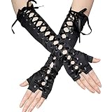 Seeksmile Women's Lace Up Elbow Length Steampunk Gloves Sexy Fingerless Gothic Arm Warmer Satin Long