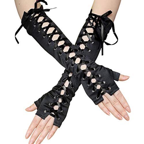 Seeksmile Women's Lace Up Elbow Length Steampunk Gloves Sexy Fingerless Gothic Arm Warmer Satin Long Glove (One Size, Black Satin Fingerless) #TOP2
