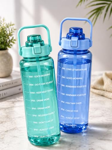 Image of Motivational Water Bottle 2 Litre with Time Marker | Leak Proof BPA Free Gym Bottle | Sports Drinking Bottle with Straw & Handle for Office, Gym, School (green & blue)