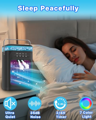 Portable Air Conditioner, 4-in-1 Evaporative Air Cooler, Personal Cooling Fan with 3 Speeds, 2 Mist Modes, 7 LED Night Light, 2-4H Timer, Quiet Mini Air Cooler for Bedroom Office C image 5