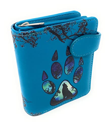 Shag Wear Wolf Paw Small Animal Wallet for Women and Teen Girls Vegan Faux Leather Light Blue 4.5