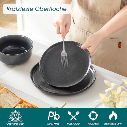 Steingut Geschirrset 6 Personen, vancasso ANYA Grau Teller Set Modern 18 teilig,Tafelservice mit Speiseteller, Desserttellern und Schüsseln, Geschirr Set Spülmaschinen und Mikrowellenfest