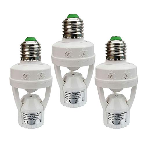 Taigeguang Motion Sensor Light Socket,E26 E27 PIR Motion Screw Bulb Adapter Indoor Use Only, Auto On Off Night Light Control for Garage Basement Porch Storage Room (3 Pack)