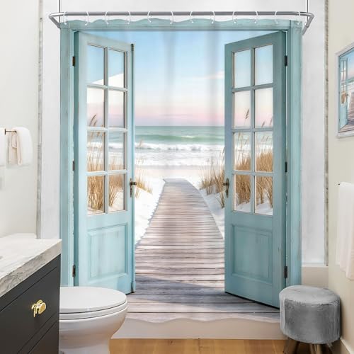 Image of Riyidecor Blue Beach Shower Curtain 60Wx72H Inch Rustic Summer Barn Door Ocean Coastal Seaside Scenery Country Teal Wood Hawaii Sea Path Retro Bathroom Decor Fabric Polyester Waterproof 12 Pack Hooks
