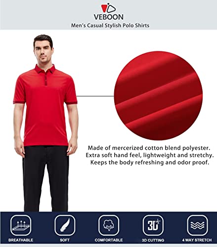 Veboon Mens Fashion Polo Shirts Short Sleeve Elegant Casual Polo Shirts Striped Cotton Blend Dressy Shirt Red #TOP4