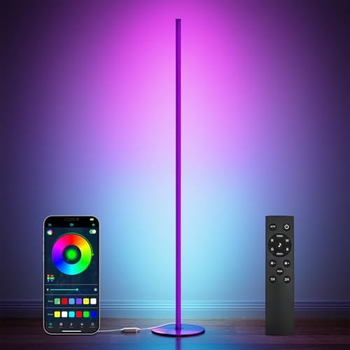 luckystyle Smart RGB Corner Floor Lamp,Bright LED Tall Modern Floor Lamp with APP and Remote,Ambient Lighting Color Changing Standing Lamps with Music Mode and Timing for Living Room,Bedroom Purple