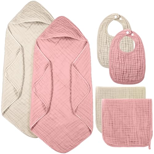 Image of Hahafelt 6 Pcs Muslin Hooded Bath Towels Washcloths and Bibs Set, Muslin Cotton Baby Towels Absorbent Hooded Blanket Towel Infant Bibs for Boys Girls Newborn Infant Essential(Pink, Brown)