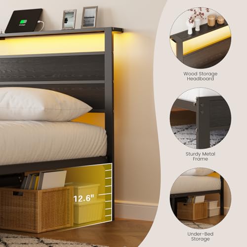 Image of Black Twin Bed Frame with LED Lights and USB Charging Station, Modern Metal Platform Bed with Storage Headboard and Under-Bed Space, Noise Free, Sturdy Frame, No Box Spring Needed, Easy Assembly