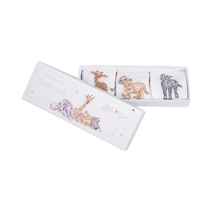 Wrendale LTW-SOCK005 - Set di 3 paia di calzini per bambini, zebra, leone, giraffa, lavabili, 0-6 mesi, bianco, 0-6 Mesi