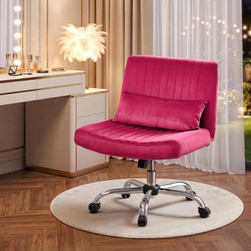 Image of Velvet Criss Cross Desk Chair with Wheels, Luxury Cross Legged Office Office, Swivel Wide Seat Vanity Chair, Armless Adjustable Height Gaming Chair Gift, Dusty (2, Barbie Pink)