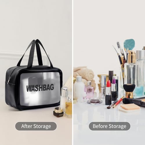 Travel Wash Toiletry Bag for Women Men, Translucent Waterproof Makeup Cosmetic Bag Travel Organizer for Accessories, Toiletries,Set of 3,Black4