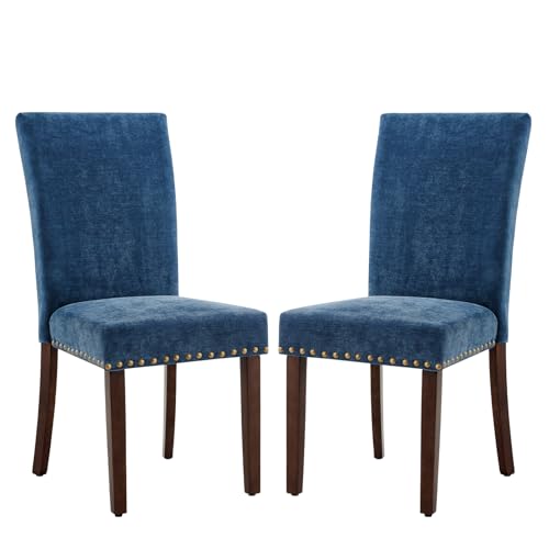 Image of COLAMY Upholstered Parsons Dining Chairs Set of 2, Fabric Dining Room Kitchen Side Chair with Nailhead Trim and Wood Legs - Dark Blue