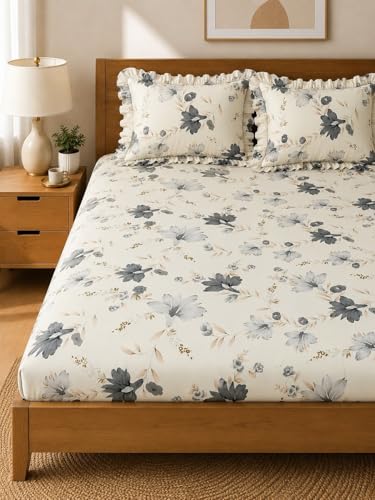 Image of 350 TC Premium Heavy Cotton Feel Elastic Fitted Bedsheet King Size with 2 Frill Pillow Covers King Size || Double Bed with All Around Elastic (White Floral, Double)