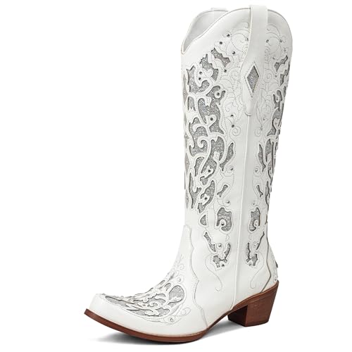 SaraIris Cowboy Boots for Women Cowgirl Boots Western Boots Chunky Heel Pointed Toe Pull On Rhinestones Embroidered Knee High Boots Mid Calf Boots