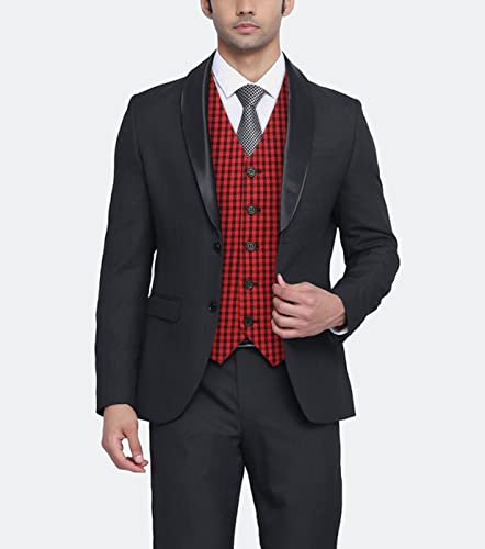 Hisdern Men's Red Dress Vest Formal Slim Fit Cotton Plaid Vests Casual Checkered Waistcoat For Men Business Wedding Vests For Tuxedo With Pockets #TOP2