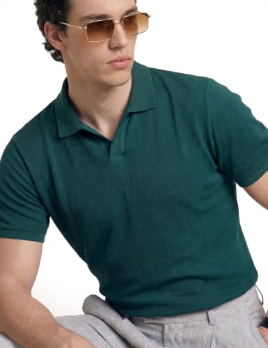 Image of DAMENSCH Men Rich Pique, Statement Textured, Body-Cooling All Degree, Premium Cotton, Herringbone Texture Johnny Collar Polo T-Shirt