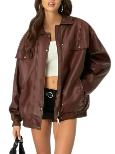 Womens Oversized Leather Jackets Faux Zip Up Motorcycle Bomber Co...