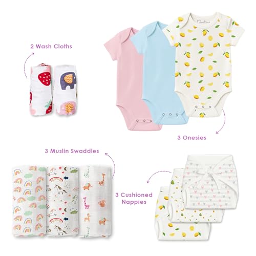 Image of MOM'S HOME Newborn Baby Gift Set (0-6 Months) | 27 Pieces Organic Cotton Essentials Kit | Hospital Bag, Muslin Clothing Set (Multicolor)