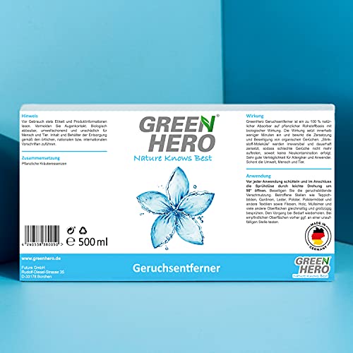 Green Hero Geruchsneutralisierer Spray 500ml für Textilien, Schuhe, Wohnräume und Auto zur Entfernung von Gerüchen Rauchgeruch Entferner Geruchsentferner Geruchskiller