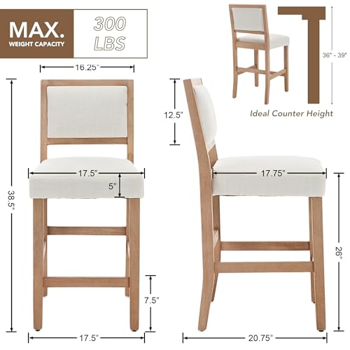 Butacos de altura para barra de 26 pulgadas, juego de 4 unidades en color beige con respaldo, asiento tapizado en lino y estructura de madera sólida para pub en casa, isla de cocina o barra desayunadora miniatura 2