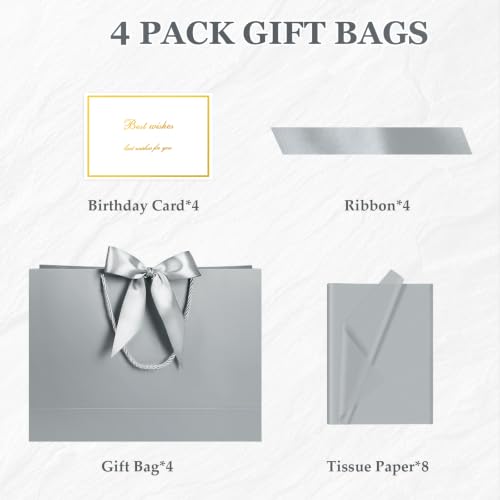 Image of JMANNI Gift Bags with Handles, 13 inch Medium Gift Bag for Presents,4 Pcs Bags with 8 Tissue Paper and 4 Cards for Graduation Baby Shower Wedding Fathers Day Mother's Day Birthday Party(Silver)